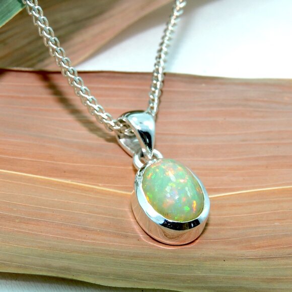 Opal Silver Pendant Chain Necklace, Natural Fire Opal Pendant With Chain - Picture 8 of 8